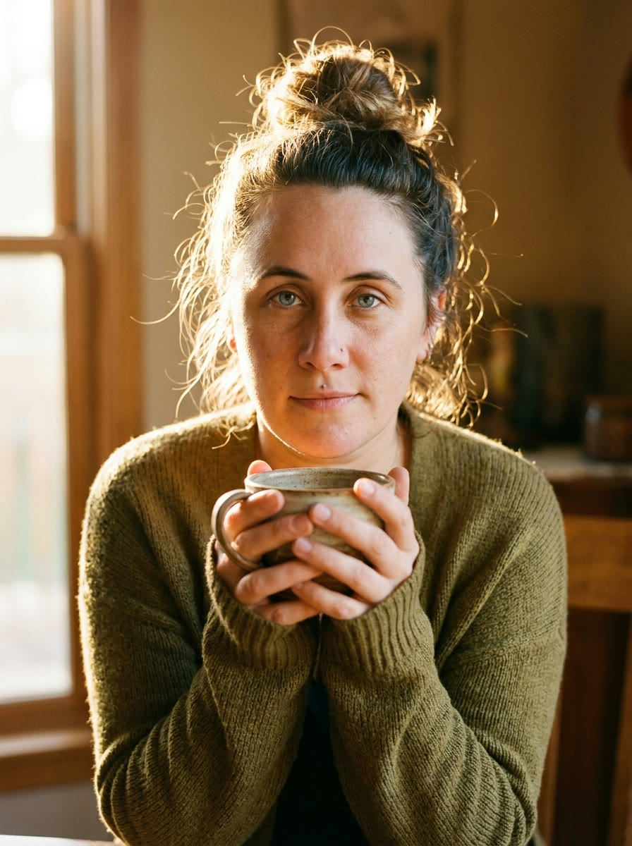 Stefanie Fischer sitzt mit einer Tasse Tee im warmen Fensterlicht und schaut dich an