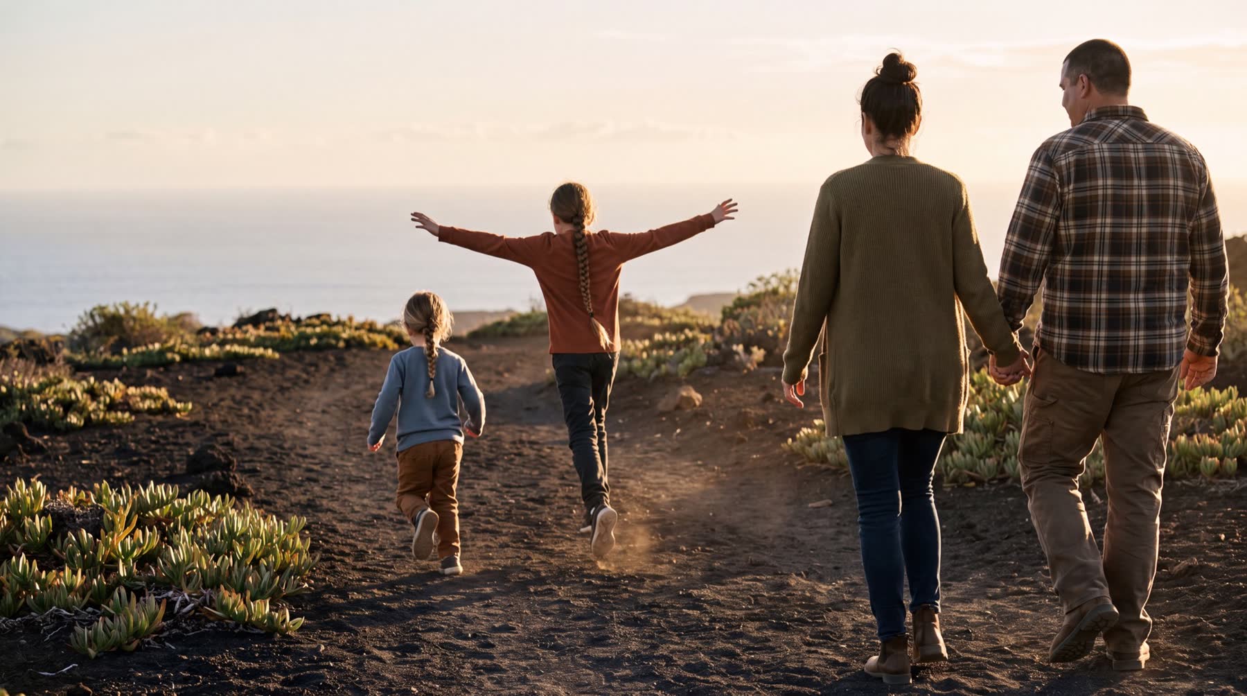 Stefanie und Björn Fischer gehen Hand in Hand einen Vulkanpfad am Meer entlang, während ihre beiden Söhne fröhlich vorauslaufen und springen